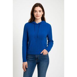 Betabrand  Womens Blue Ribbed Knit Hoodie Sweater L Large